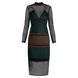 SELF-PORTRAIT Forest Green Fitted Lace Mesh Midi